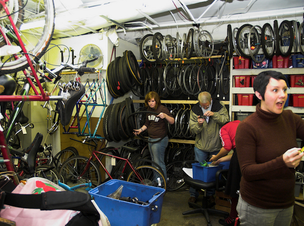 Bike kitchens should be open to all in the community. Credit: Sopo Bicycle Coop by TimothyJ (CC)