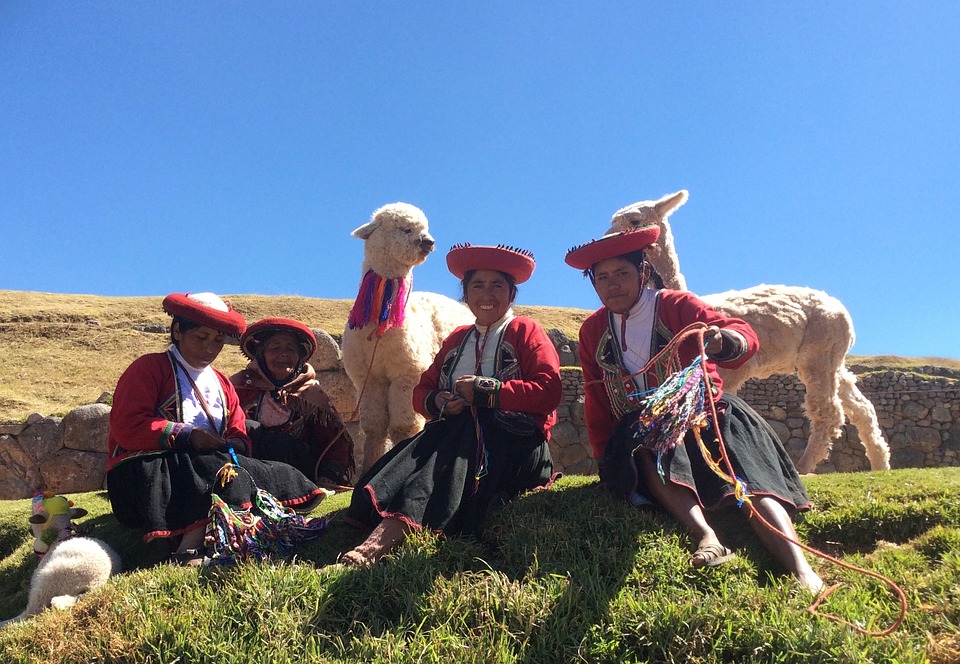 Andean women in traditional clothing, sitting on a hill with two alpacas.
