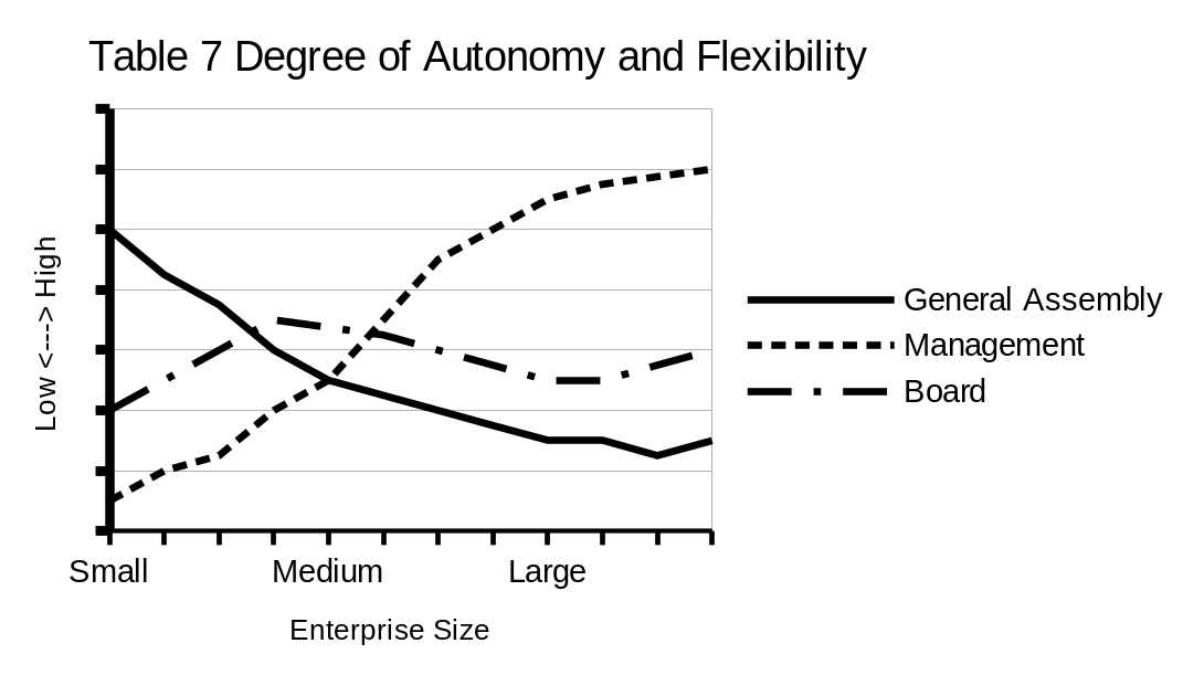 Chart showing degrees of autonomy and flexibility for the general assembly, management, and board for small, medium, and large enterprises.