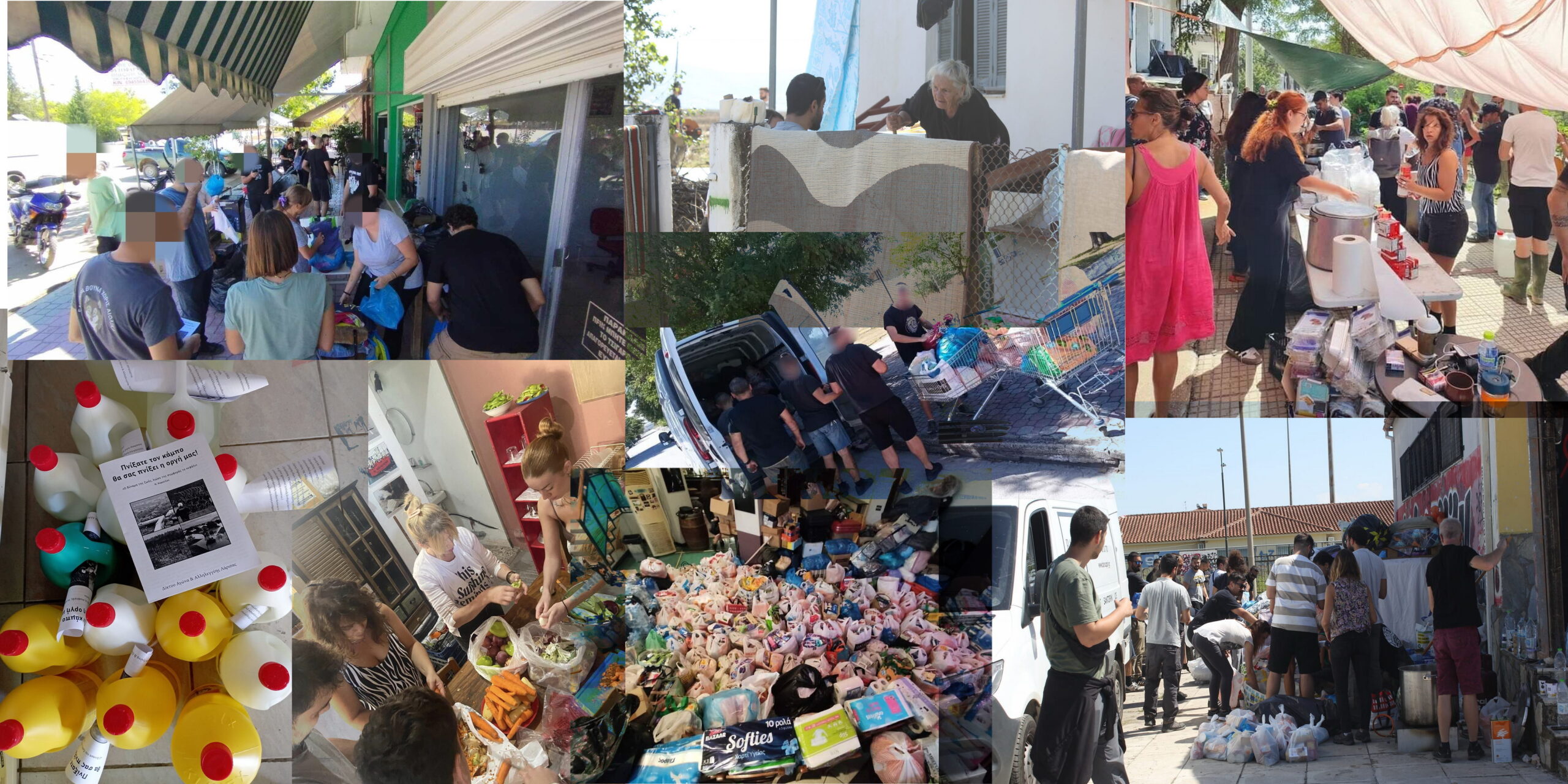 A collage of photos depicting self-organization and mutual aid among local residents and volunteers during the recent deadly floods in Central Greece.