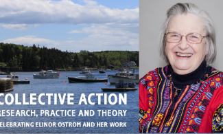 Image of Elinor Ostrom and fishing boats in a harbor.