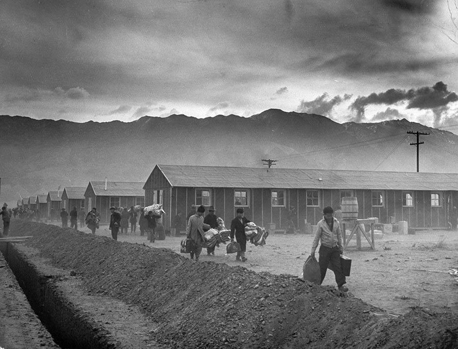 The first families to be imprisoned arriving at Manzanar on March 21, 1942, In total 11,070  Japanese-Americans were unconstitutionally sent there. Photo by Dorothea Lange.