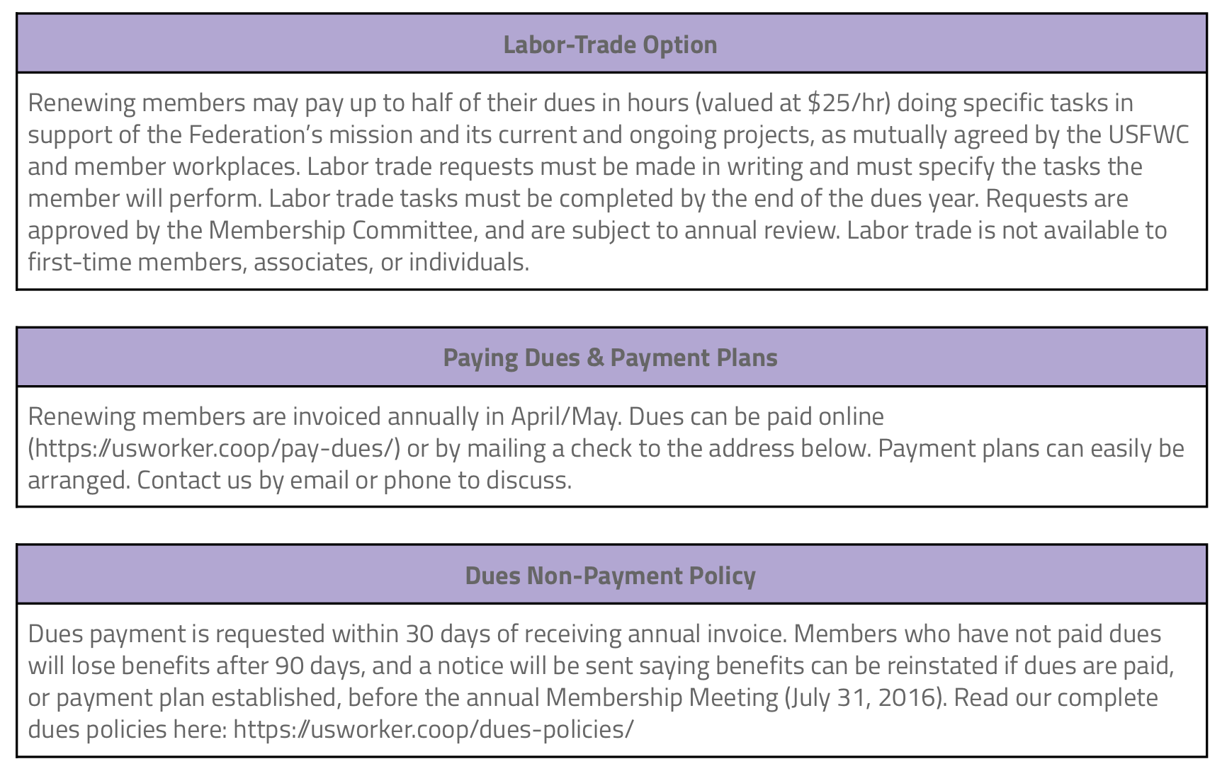 Screenshot of USFWC website with dues sharing section removed.