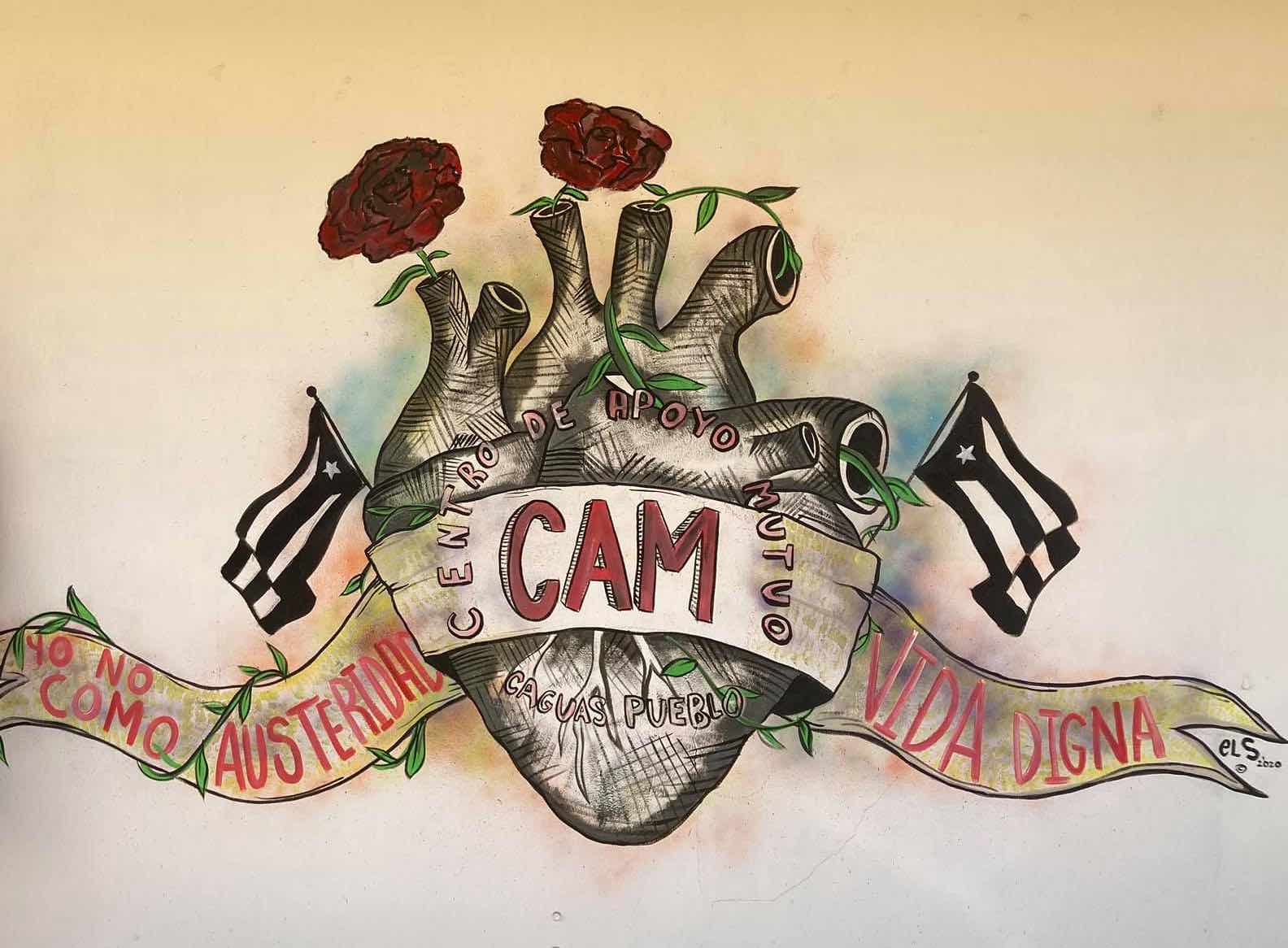 A mural at the mutual aid center (CAM) in Caguas Pueblo