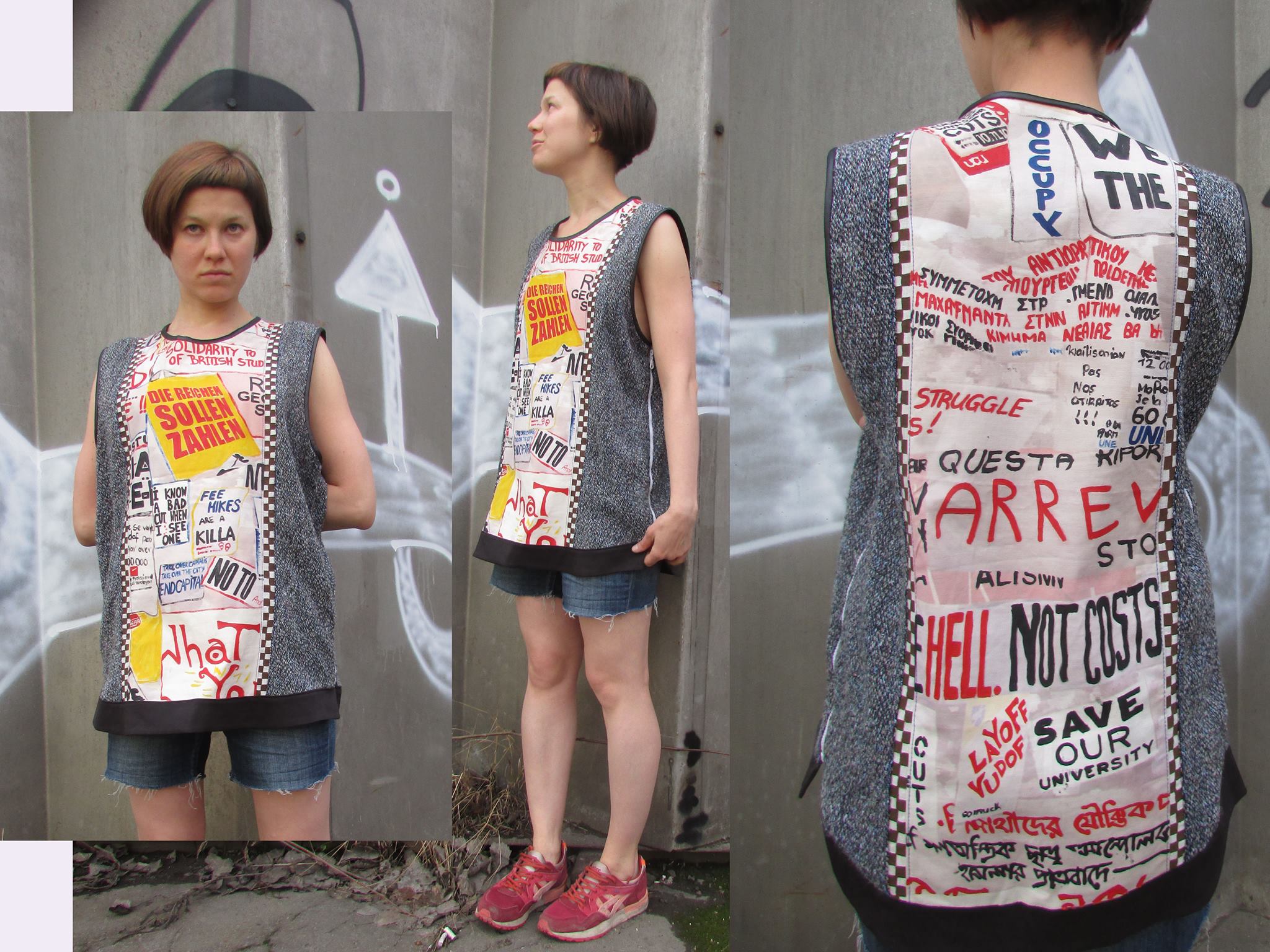 Woman modeling a top made from upcycled fabric scraps.