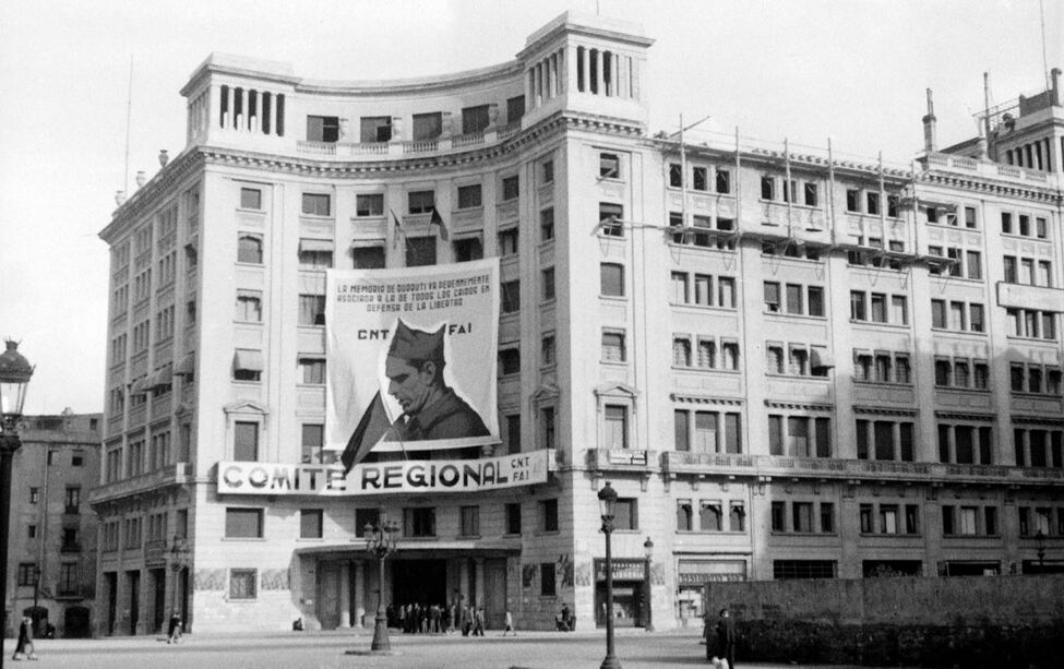 Headquarters of the CNT-FAI regional committee in Barcelona, Spain. Author unknown.