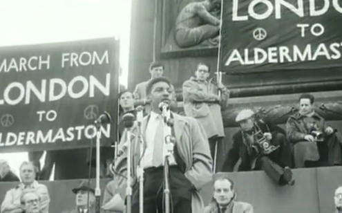 Bayard Rustin speaking at a Ban the Bomb Rally. London, 1958.