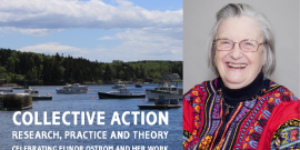 Image of Elinor Ostrom and fishing boats in a harbor.