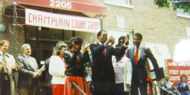 Historical photo of ribbon cutting ceremony at Champlain Court Co-op.