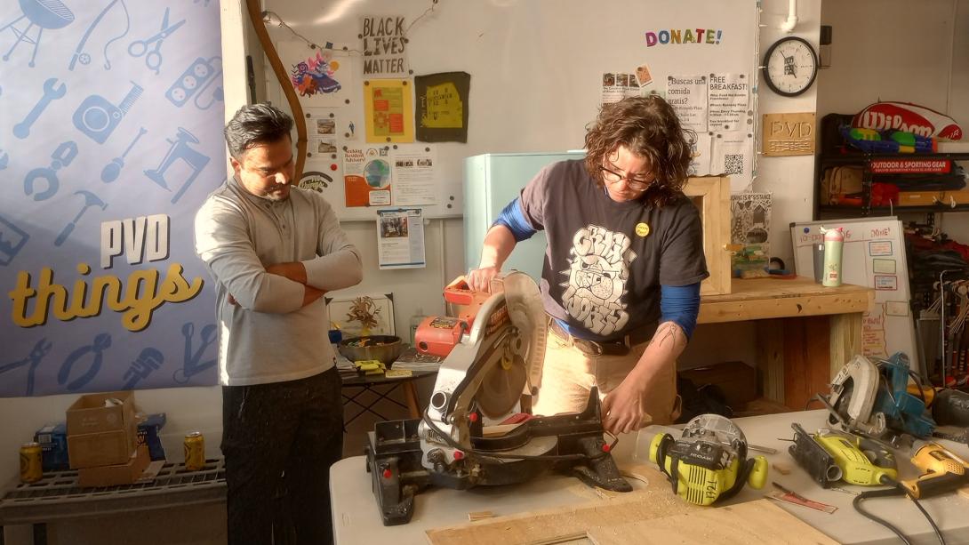 Neighbors learn how to use a circular saw at a PVD Things power tools 101 workshop in July 2024. 