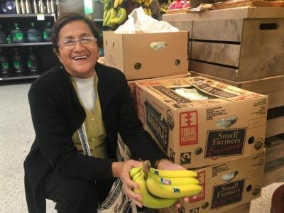 Mariana Cobos, banana farmer and member of AsoGuabo in Ecuador, sees her bananas in a U.S. store for the first time.