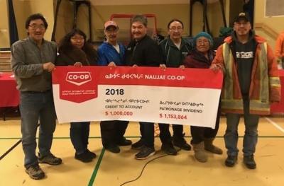 Photo courtesy Naujaat Co-op. The 2017-2018 Naujaat Co-op board of directors celebrates a $1 million year in dividends for its members at the annual general meeting Nov. 24. From left: Michel Akkuardjuk, Mary Kopak, Peter Manik, president Pio Kopak, vice president Lammiki Maliki, Mary Tuktudjuk and Jimmy Immingak. Former MLA Steve Mapsalak and Pierretta Kaunak were elected to the board to replace Jimmy Immingak and Mary Kopak.